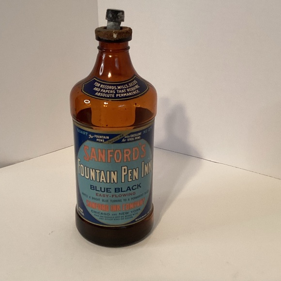 SANFORD'S EARLY 20TH C BLUE-BLACK FOUNTAIN PEN INK BOTTLE ORIGINAL PAPER LABEL